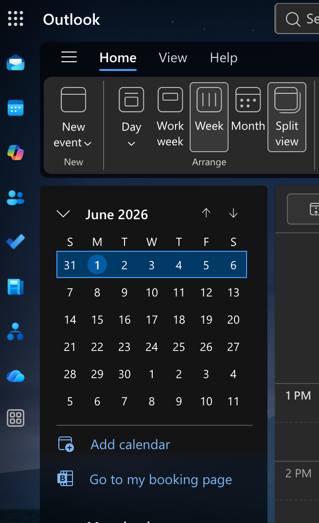 Outlook calendar sidebar showing the Add calendar link
