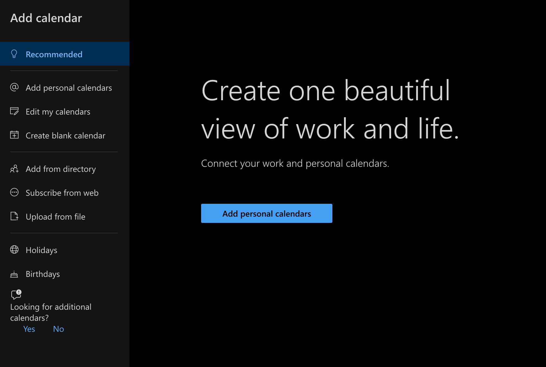 Add calendar panel with the Add from directory option highlighted